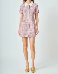 endless rose Tweed Short Sleeve Dress in pink - women's dress - detail view