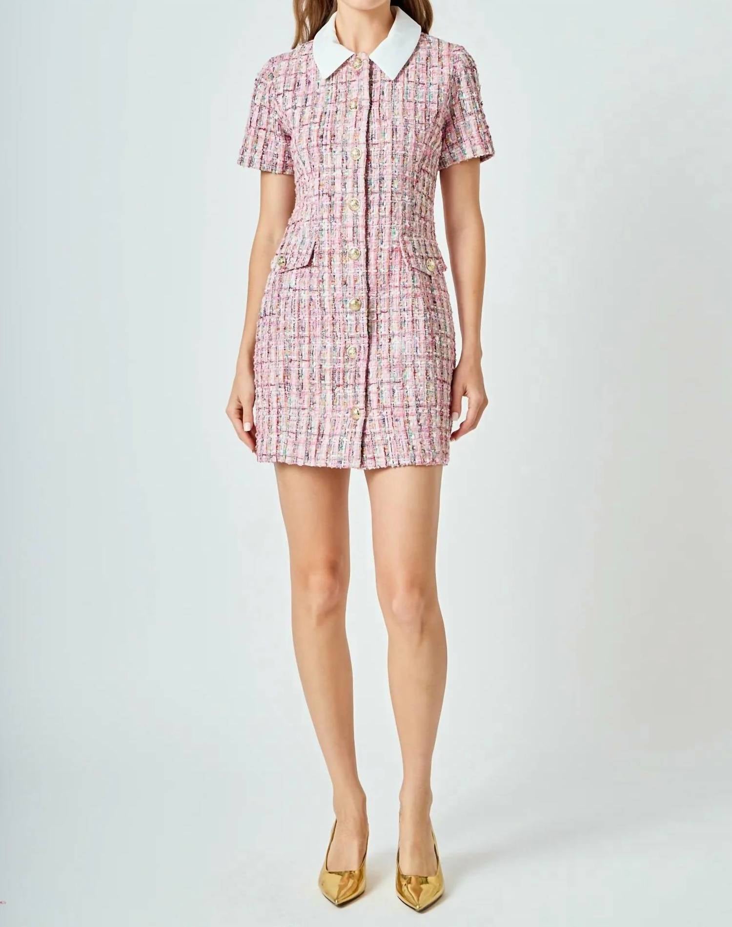 endless rose Tweed Short Sleeve Dress in pink - women's dress - detail view