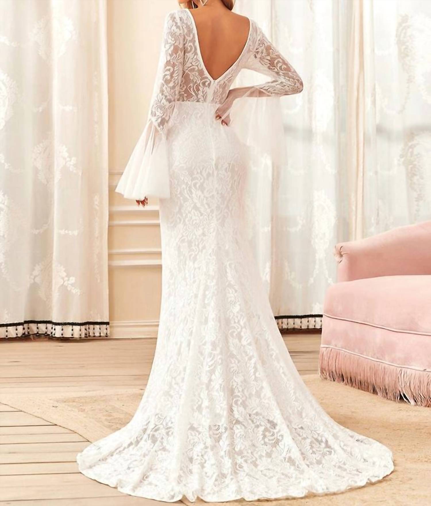 Ever-Pretty - Round Neck Long Pagoda Sleeves Wedding Dress