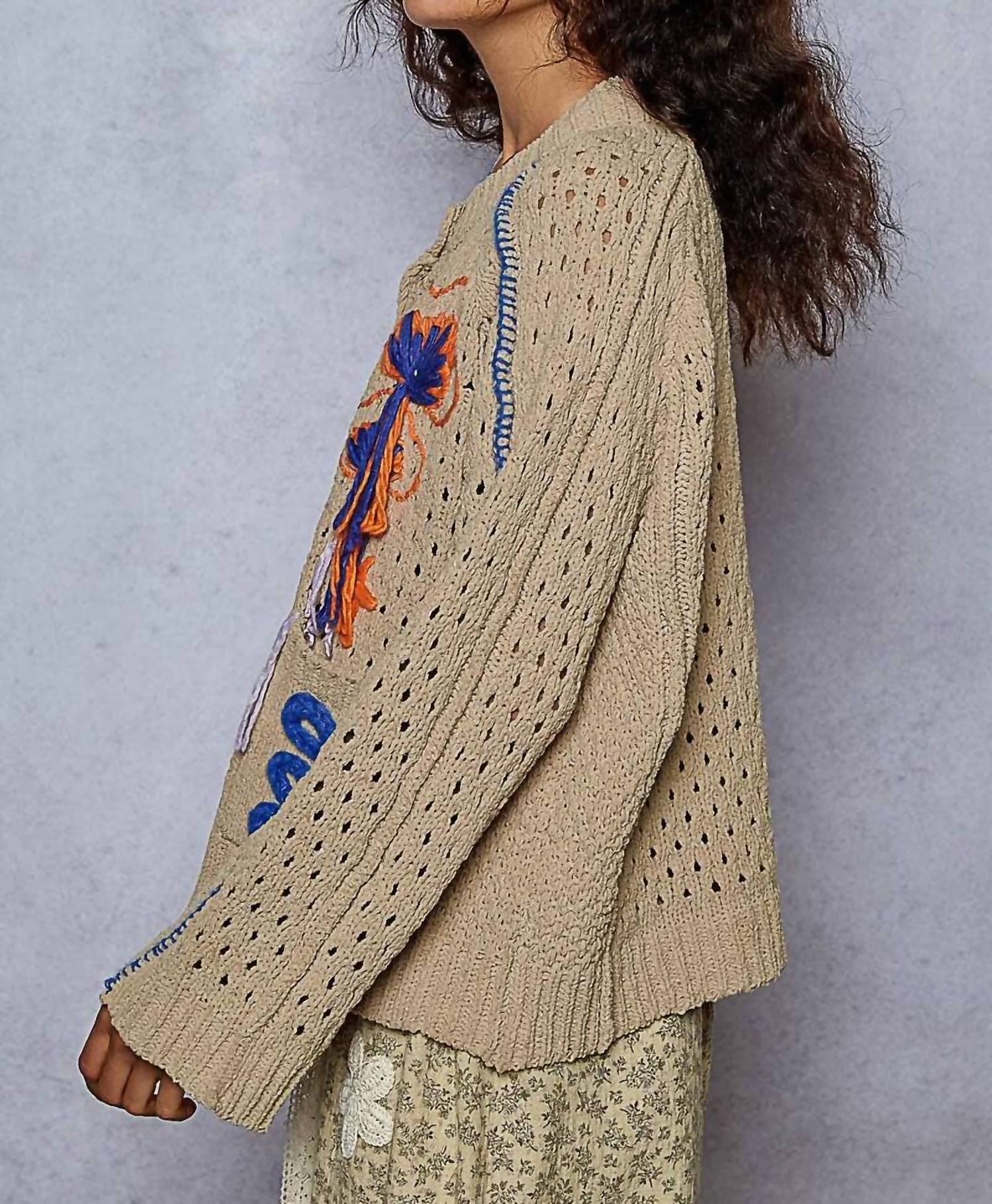 Pol - Long Sleeve Floral Frayed Edge Cardigan Top