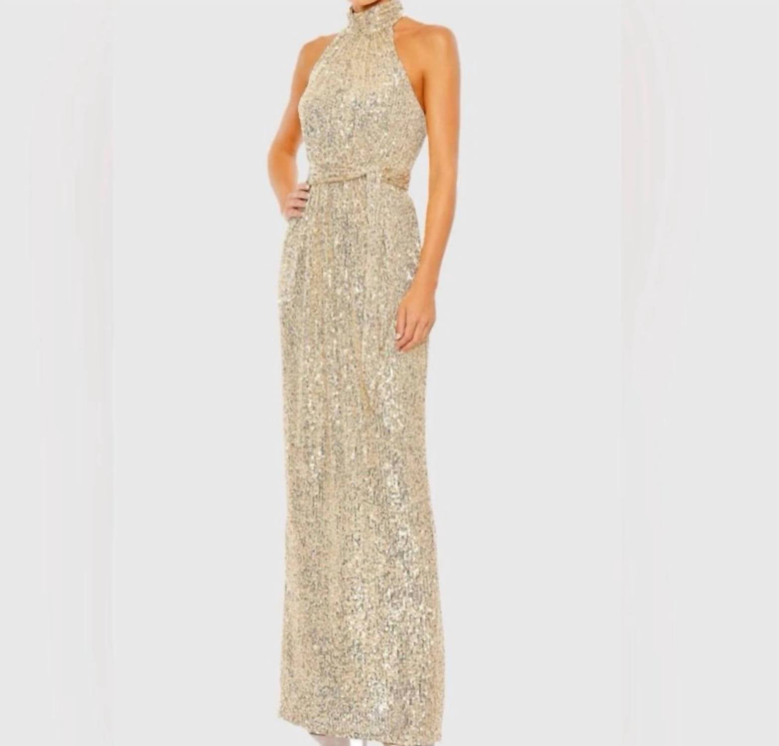Mac Duggal - Women's Sequined Halter Belted Soft Tie Gown