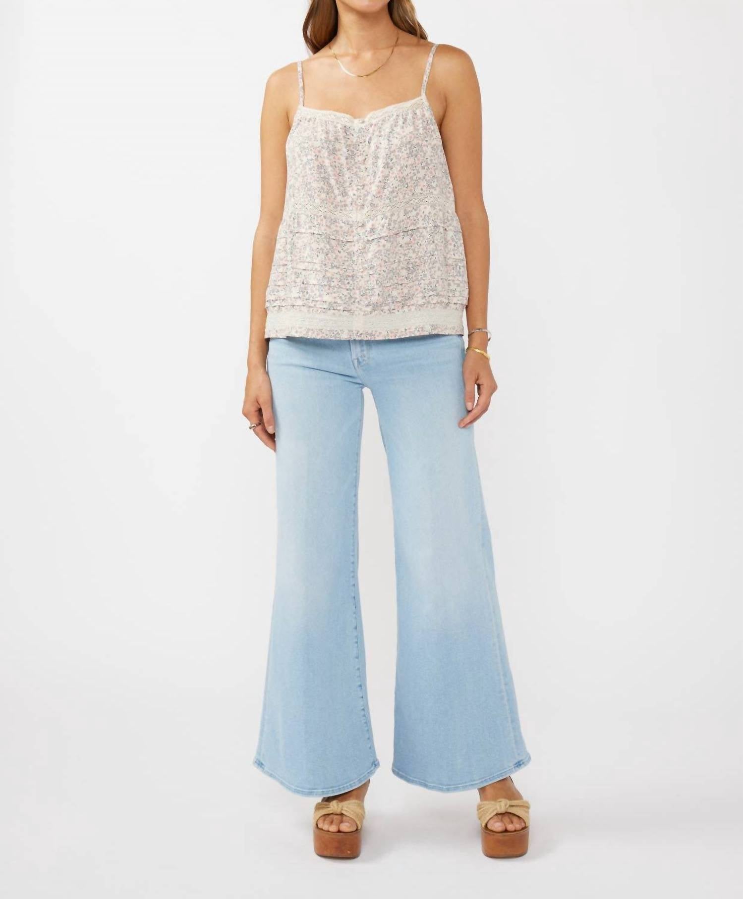 Lovestitch - Lace-trimmed Button Down Floral Spaghetti Tank Top