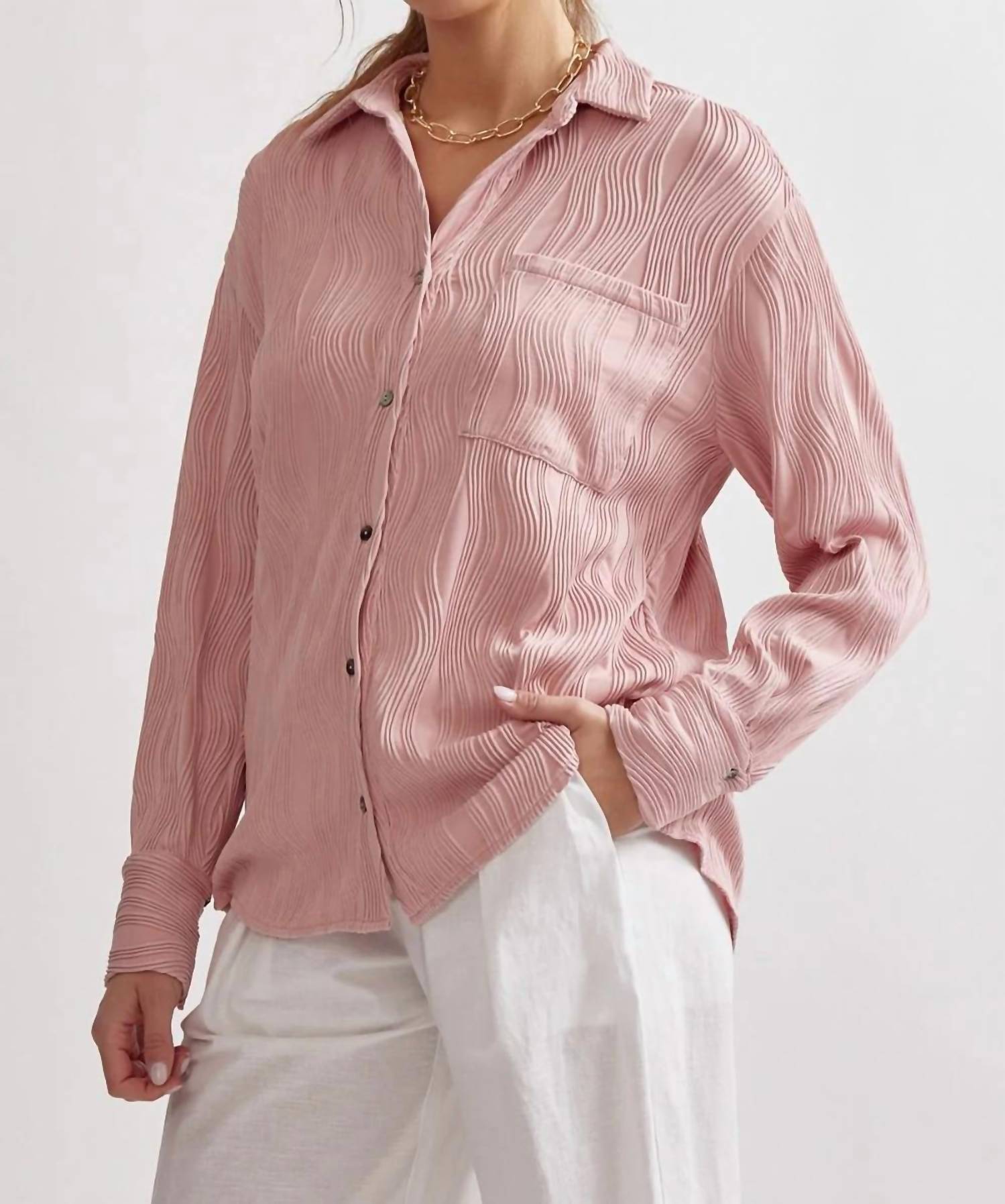 Entro - Wave Textured Long Sleeve Button Up Blouse