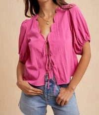 Anniewear - Scallop Detailed Neck Tie Front Blouse