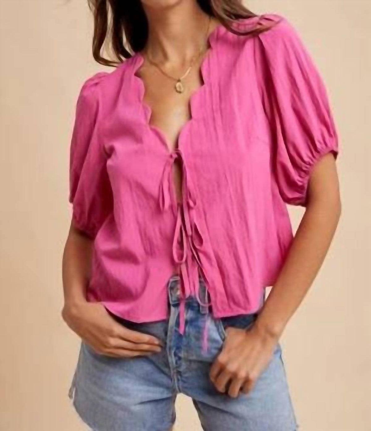 Anniewear - Scallop Detailed Neck Tie Front Blouse