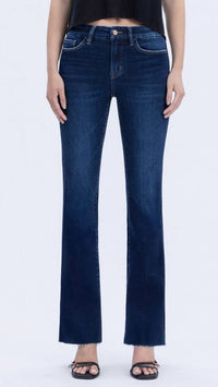 VERVET BY FLYING MONKEY High Rise Seamless Waistband Raw Hem Bootcut Jeans in dark wash - women's jeans