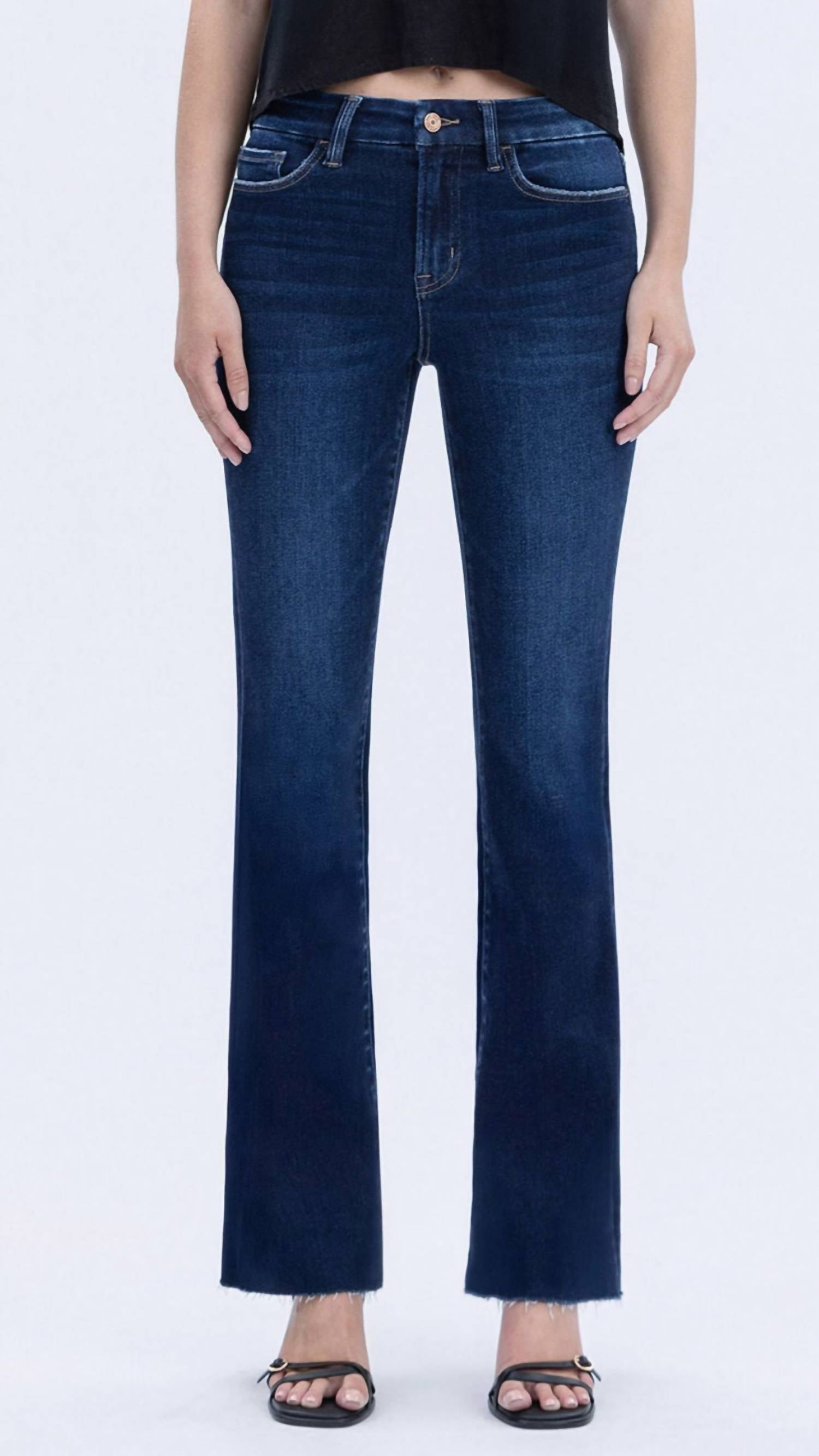 VERVET BY FLYING MONKEY High Rise Seamless Waistband Raw Hem Bootcut Jeans in dark wash - women's jeans
