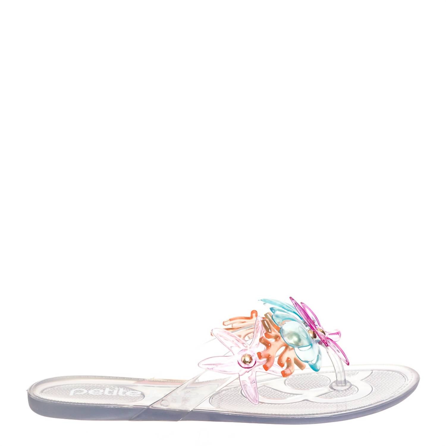 petite jolie Women's Lucky Sea Life Translucent Coral Thong Flip Flops in multi - women's sandal - detail view