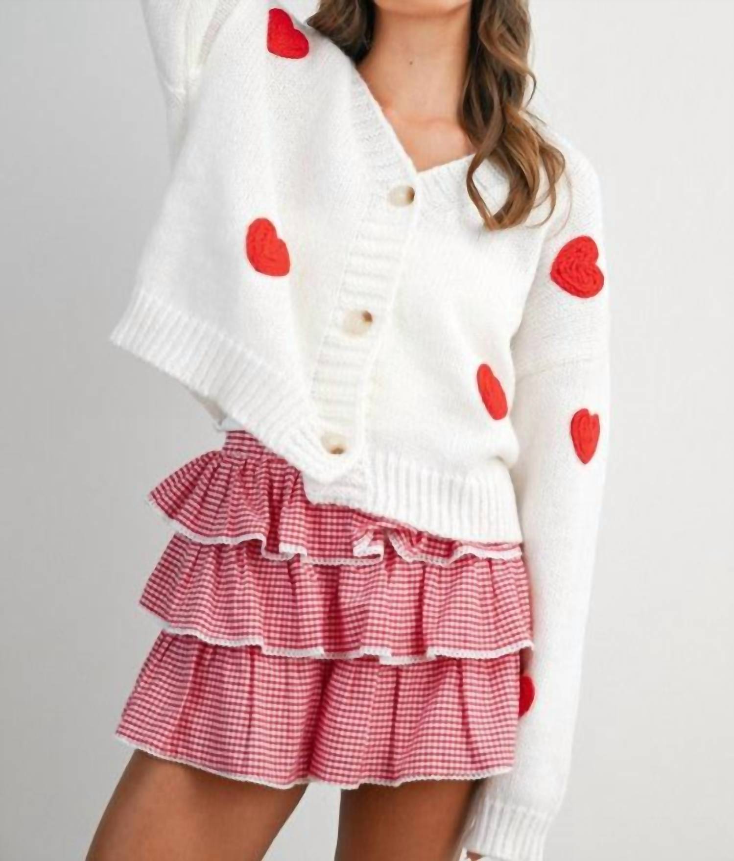 Buttermelon Heart Pattern Cropped V-Neck Cardigan in white - women's cardigan