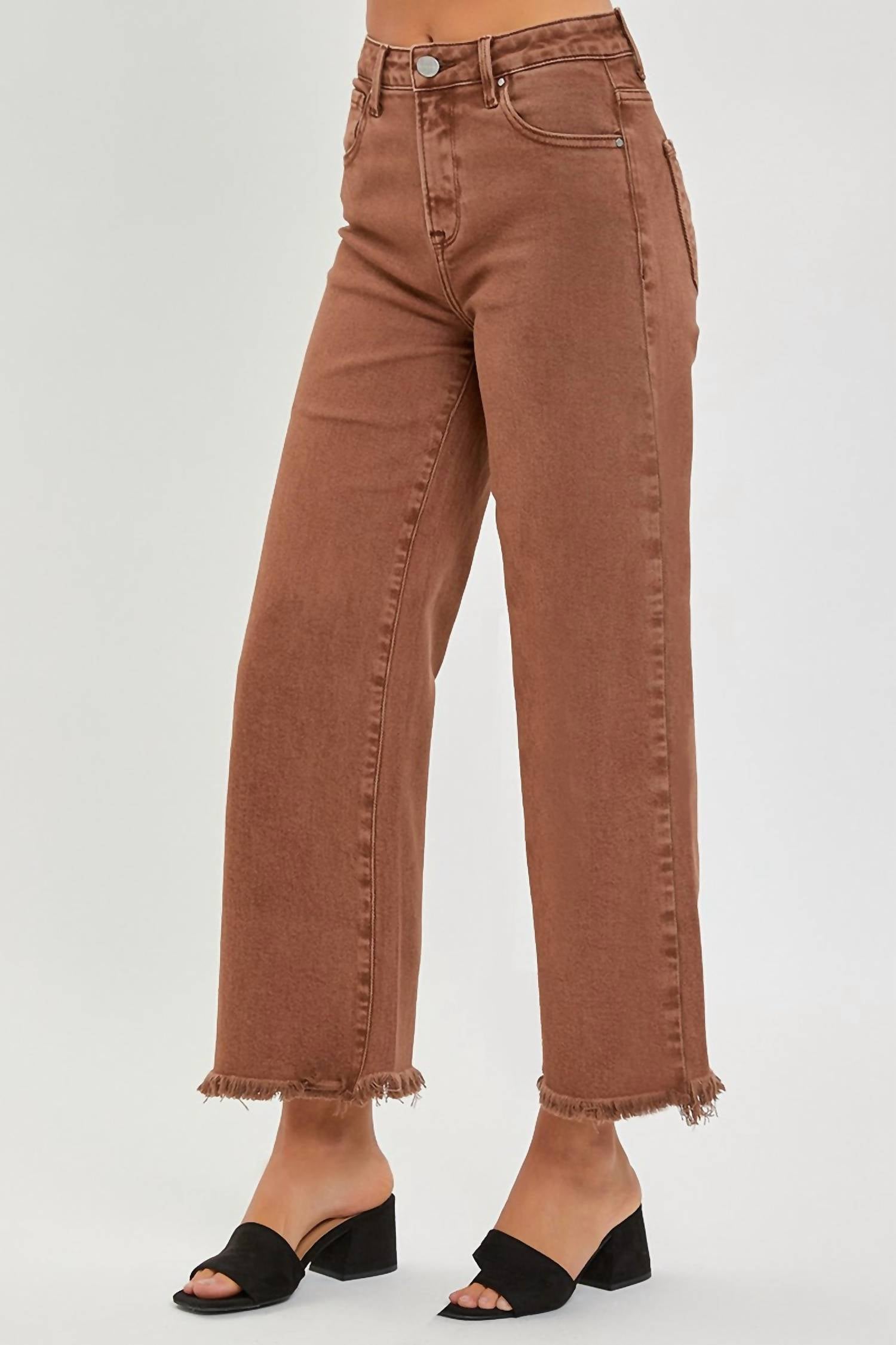 RISEN High Rise Crop Wide Leg Pants in espresso - women's pants - detail view