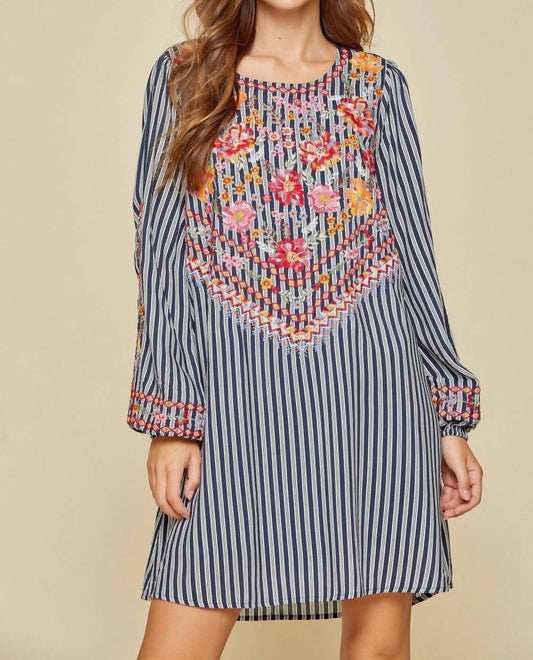 Andree By Unit - Women's Floral Embroidered Striped Dress