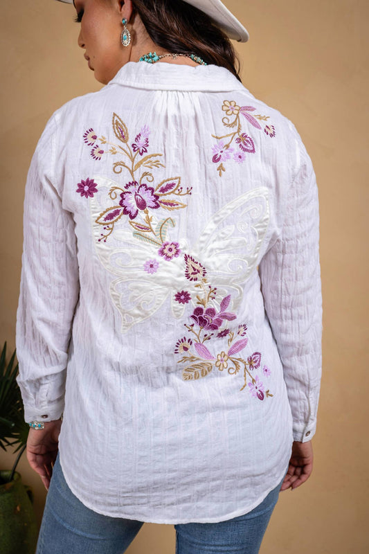 Paparazzi - Textured Woven Shirt With Applique And Embroidered Back