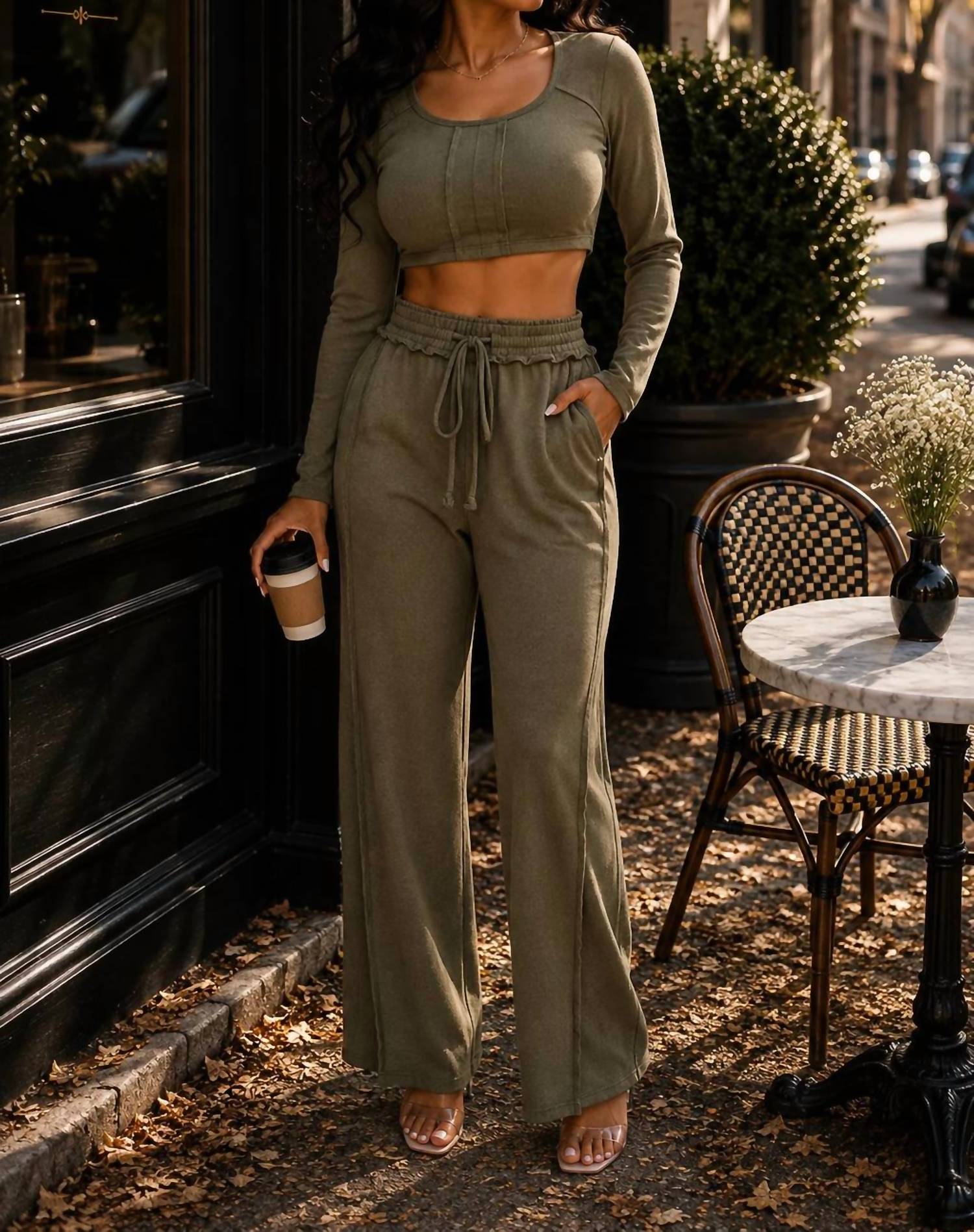 Surelymine - Sloane Mineral Wash Crop Top And Wide-leg Pants Set