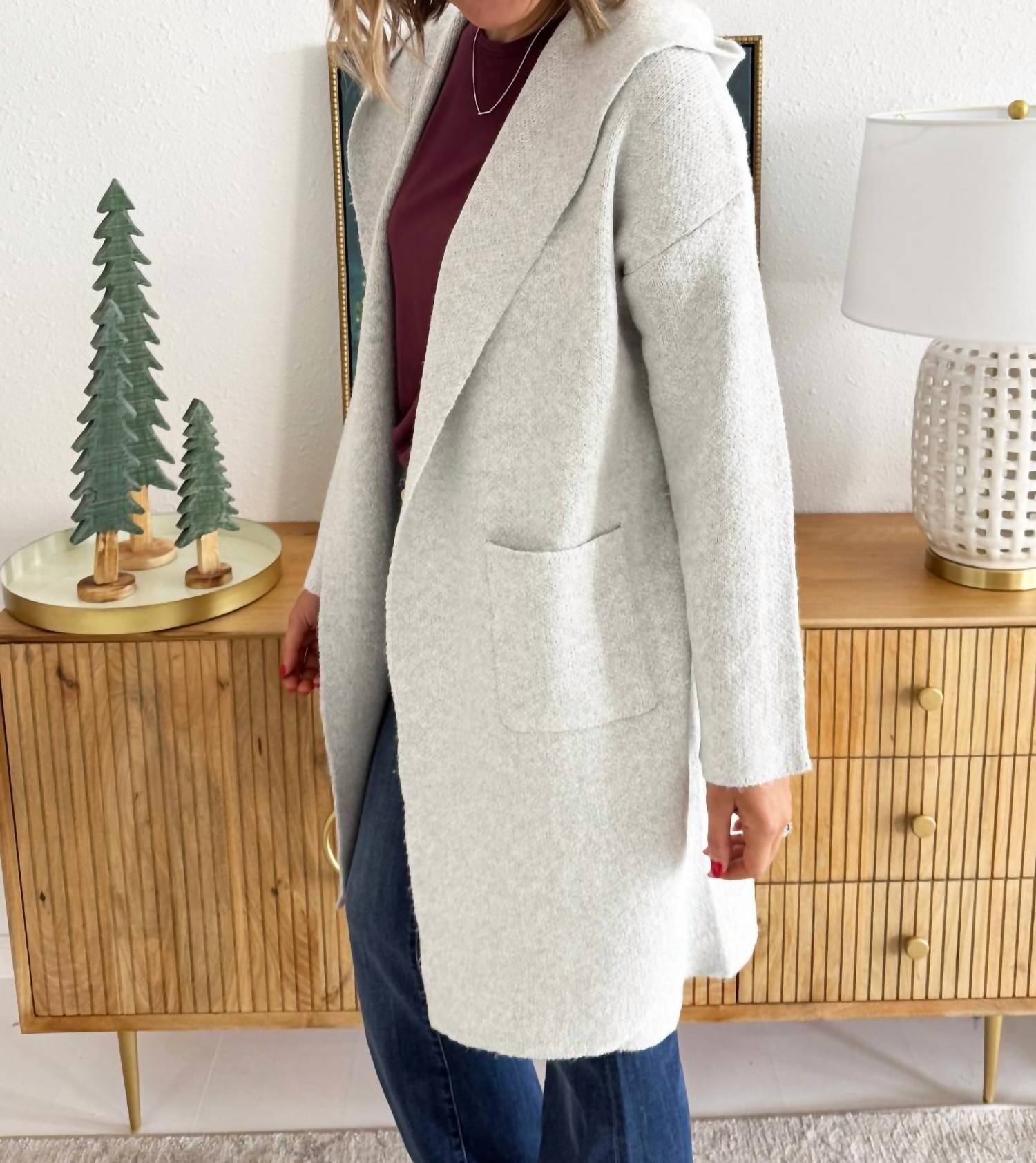 Cozy Co. Hooded Brushed Knit Open Cardigan in light grey - women's cardigan - detail view