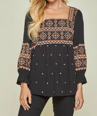 Andree By Unit - Aztec Embroidered Babydoll Top