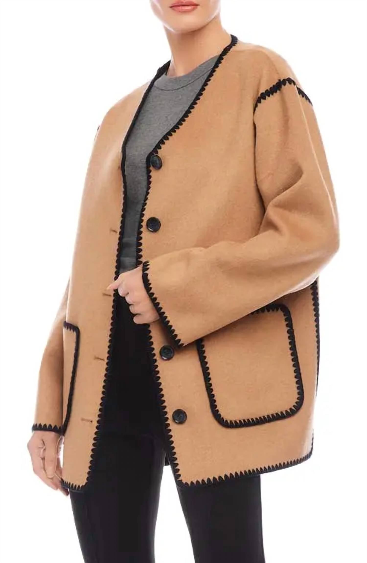 Fifteen Twenty Nico Contrast Stitchwork Jacket in camel - women's jacket - alternate view