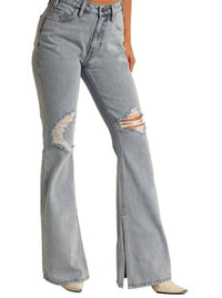 Rock & Roll Denim Slit Hem High Rise Flare Jean in light wash - women's jeans - view 4