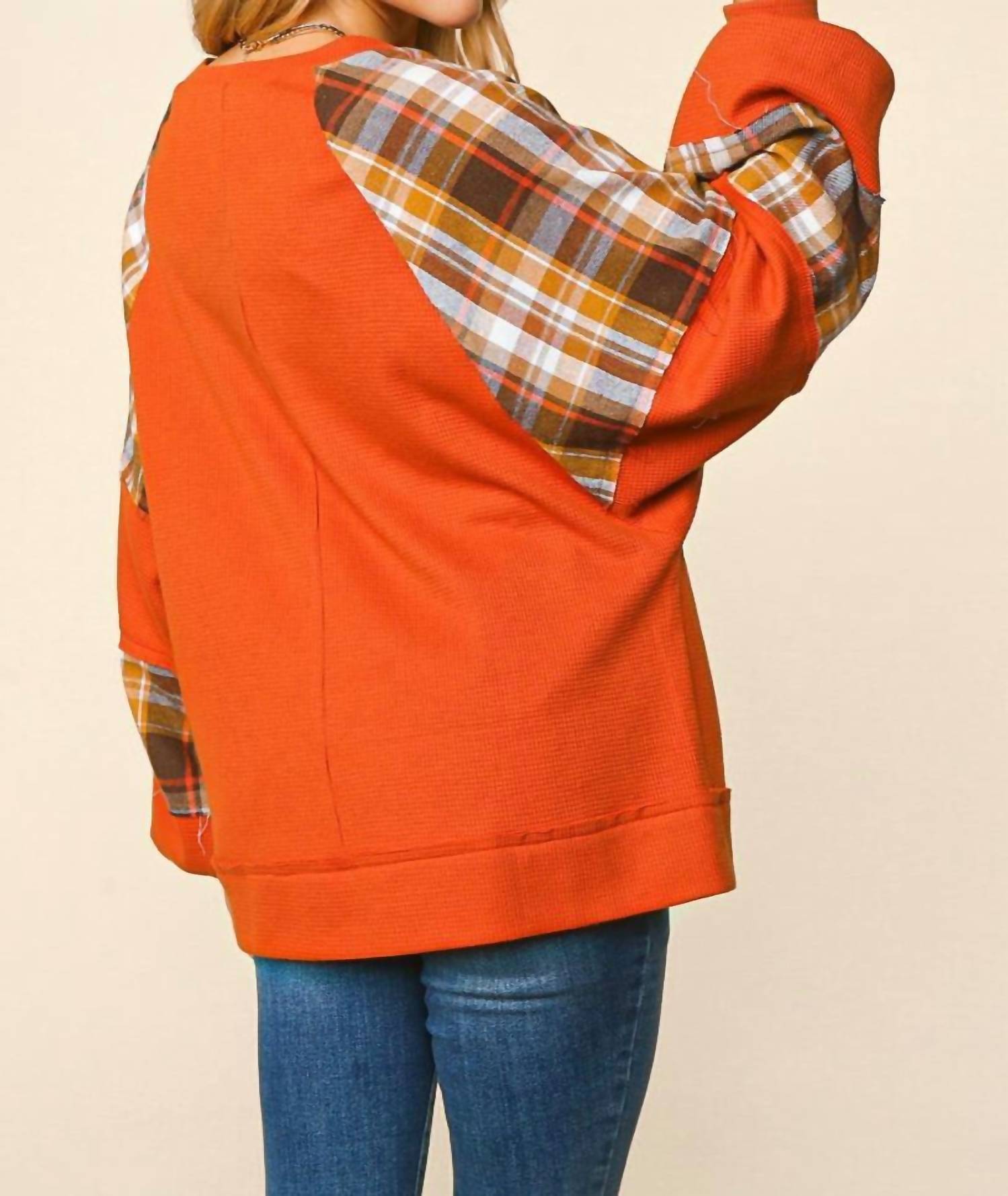 Haptics Women's Thermal Knit Color Block Bubble Sleeve Top in orange - women's top - detail view