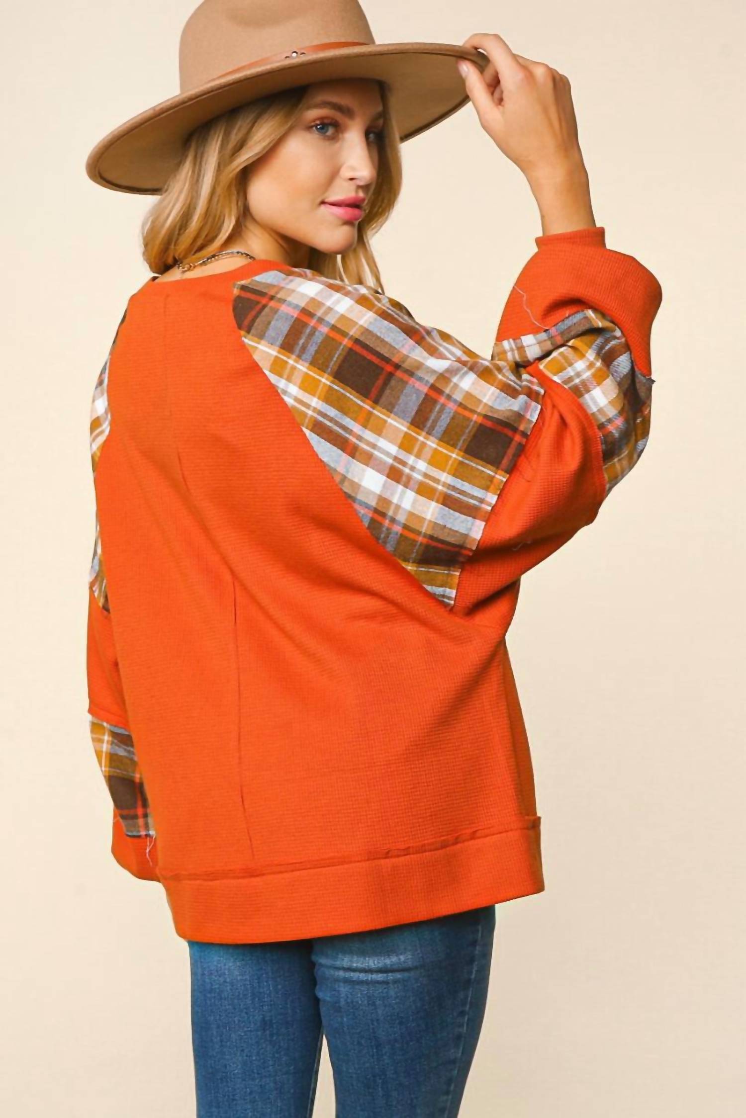 Haptics Women's Thermal Knit Color Block Bubble Sleeve Top in orange - women's top - alternate view