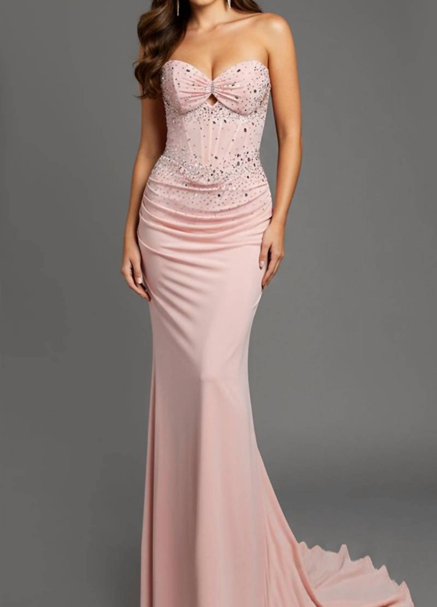 JOVANI Strapless Rhinestone Embellished Fitted Gown in pink - women's dress