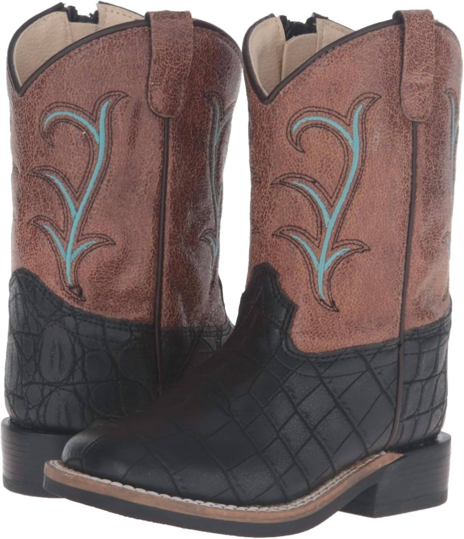 Old West Boys Crocodile Print Cowboy Boots in black tan - kids' boots - detail view