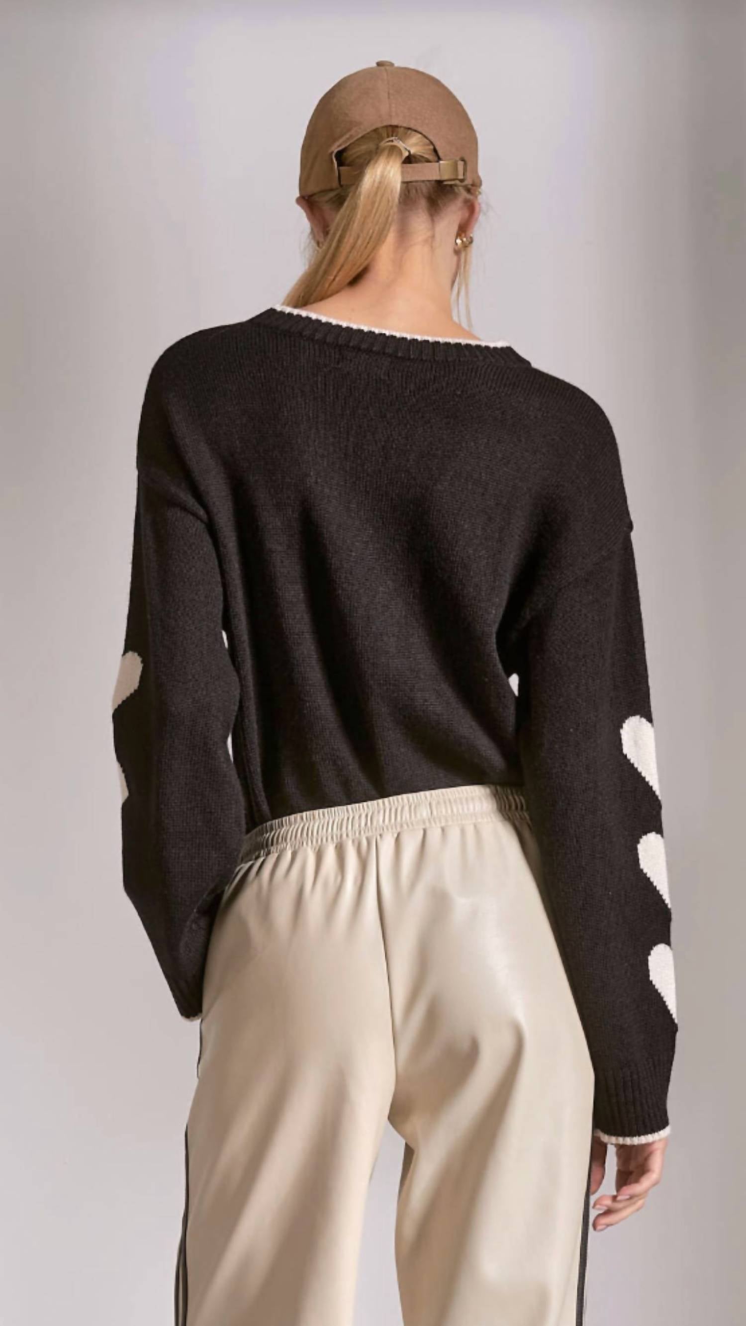 ELAN Hearts Sweater Top in black - women's sweater - alternate view