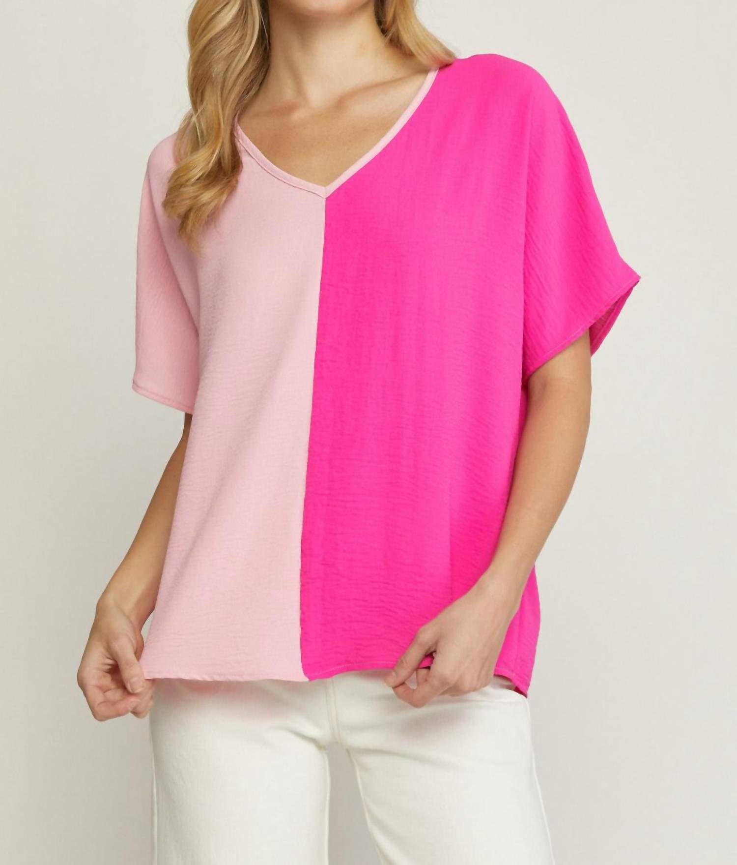 Entro - Color Block V-neck Top