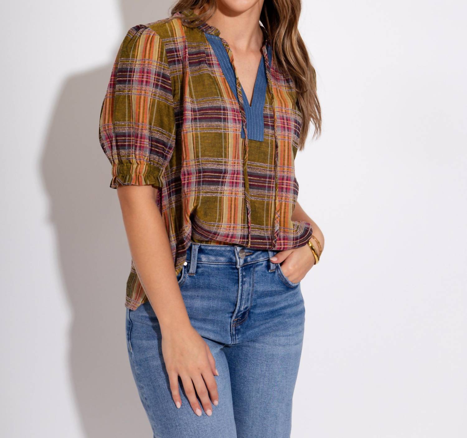 THML Color Pop Plaid Puff Sleeve Top in olive - women's blouse - view 8