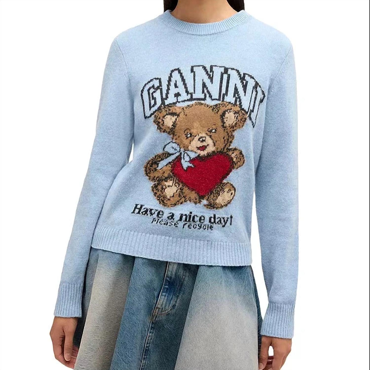 GANNI Teddy Graphic Wool Sweater in baby blue - women's sweater