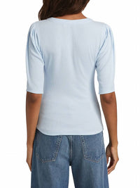 FRAME Rib Ruched Short Sleeve Henley Top in light chambray - women's blouse - alternate view