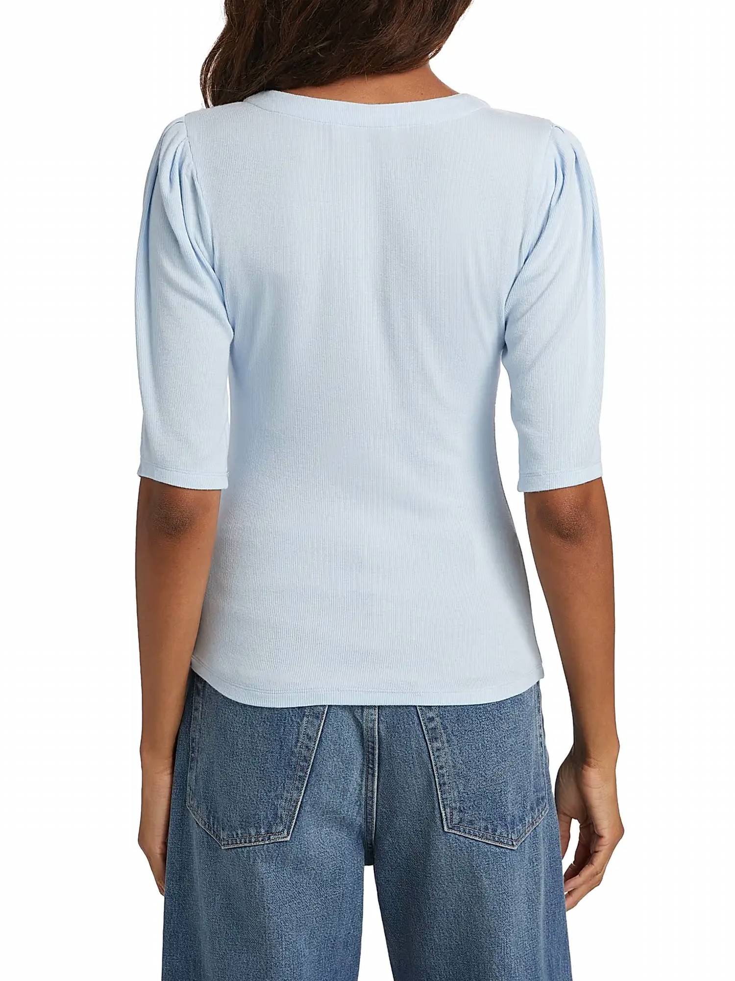 FRAME Rib Ruched Short Sleeve Henley Top in light chambray - women's blouse - alternate view