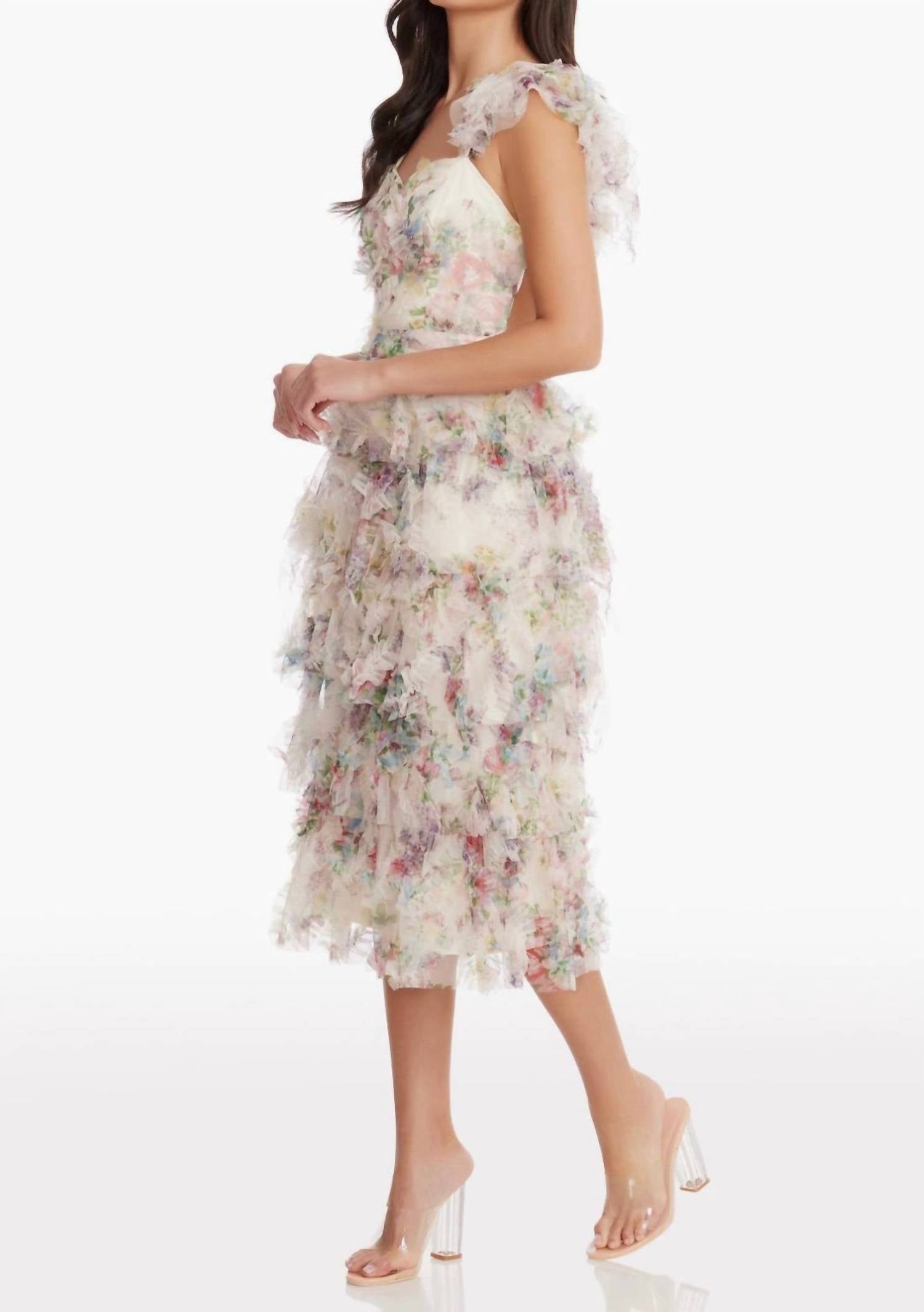 DRESS THE POPULATION Kristen Flutter Sleeve Ruffle Tier Dress in ivory multi - women's dress - view 4