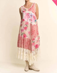 Davi & Dani - Women's Print Flower Patchwork Lace Tiered Dress - Plus