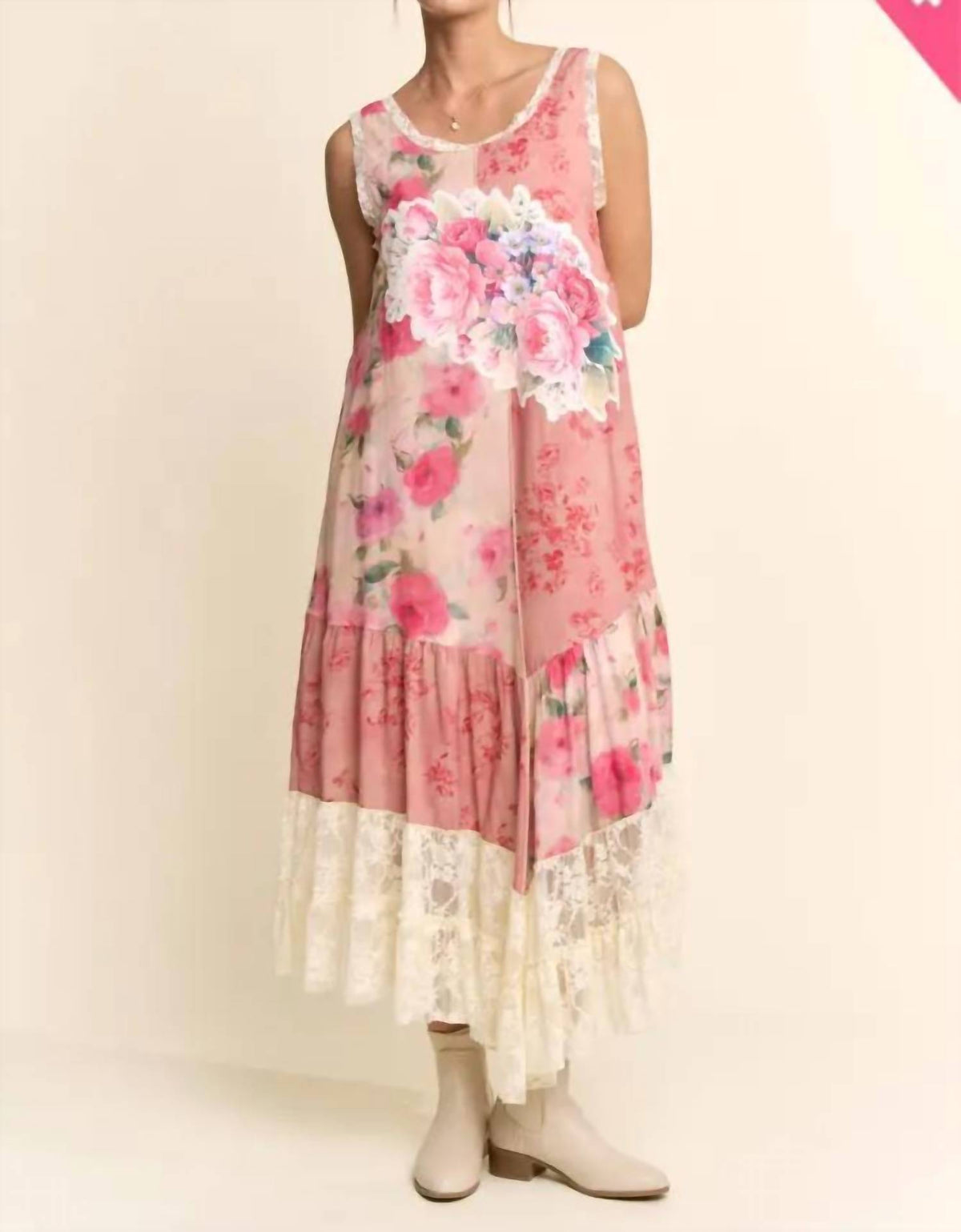 Davi & Dani - Women's Print Flower Patchwork Lace Tiered Dress - Plus