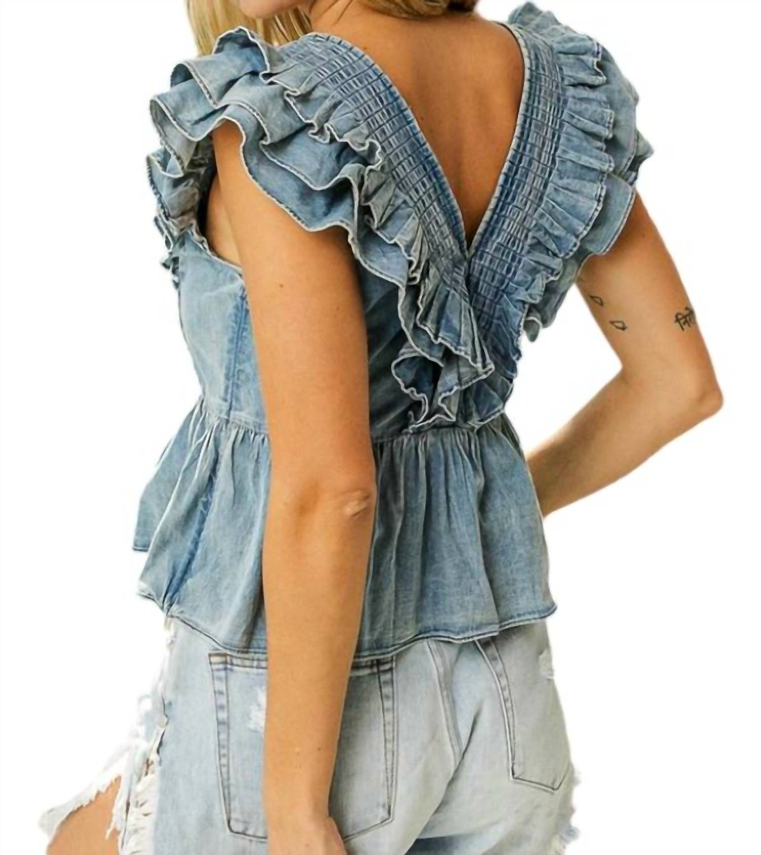 BiBi Smocked V-neck Ruffle Sleeve Top in denim - women's t-shirt - detail view