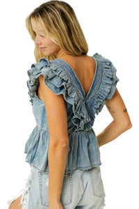 BiBi Smocked V-neck Ruffle Sleeve Top in denim - women's t-shirt - alternate view