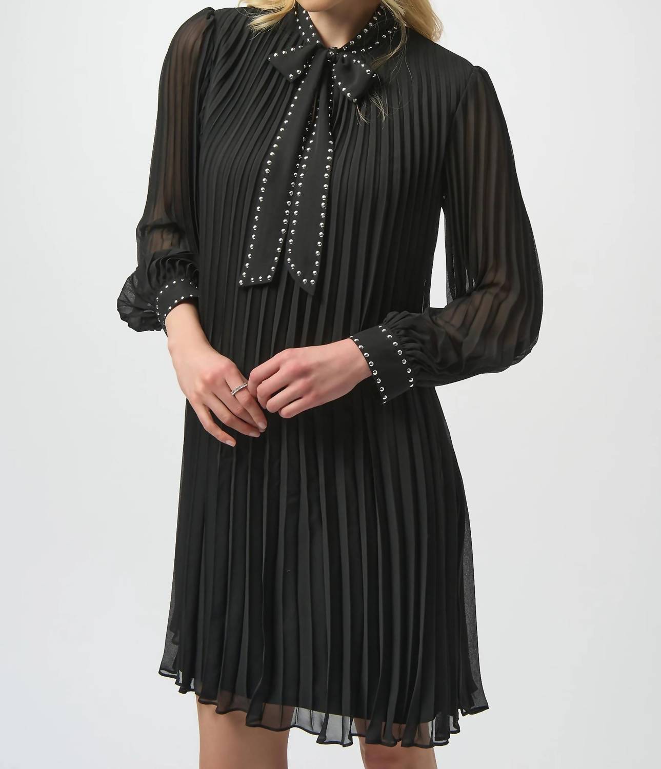 Joseph Ribkoff - Pleated Chiffon A-line Dress with Neck Tie