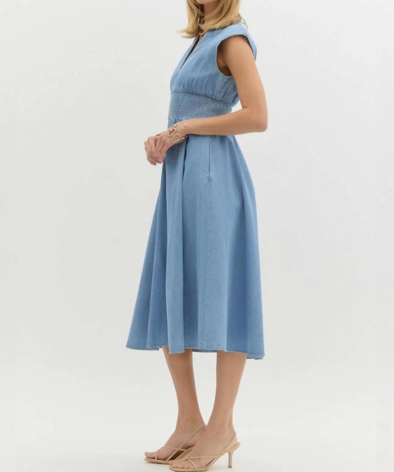 Entro - Denim Sleeveless Zip Front Midi Dress