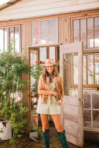 Blue B Harlow Suede Fringe Vest in camel brown - women's jacket - detail view