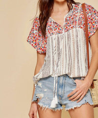 Andree By Unit - Striped Babydoll Embroidered Top