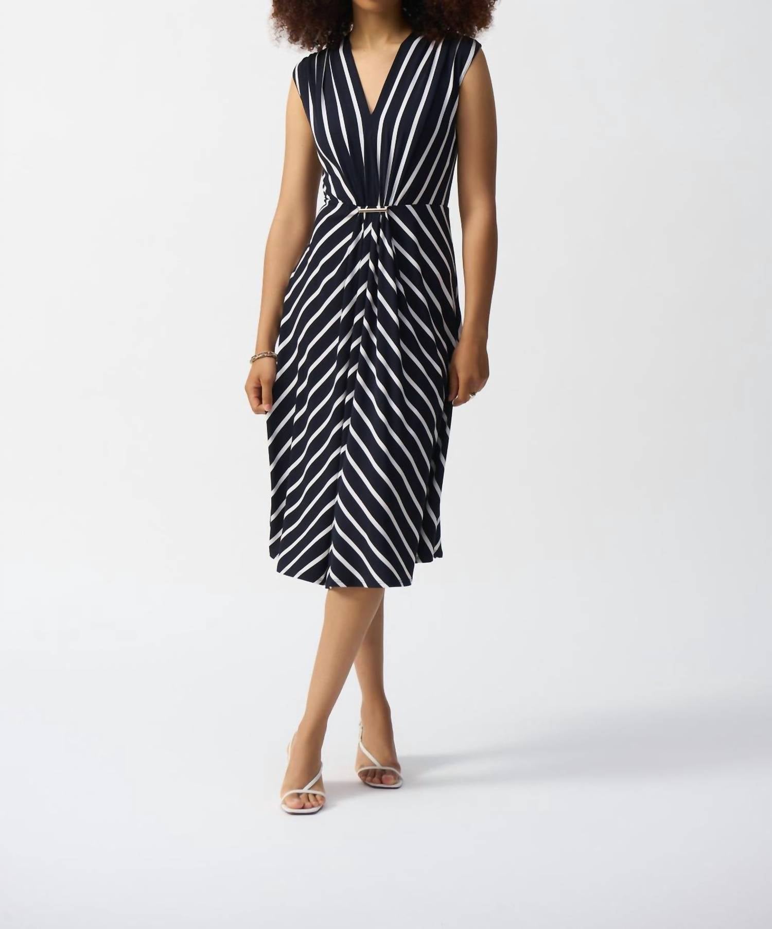 Joseph Ribkoff Silky Knit Stripe Fit And Flare Dress in midnight blue vanilla - women's dress