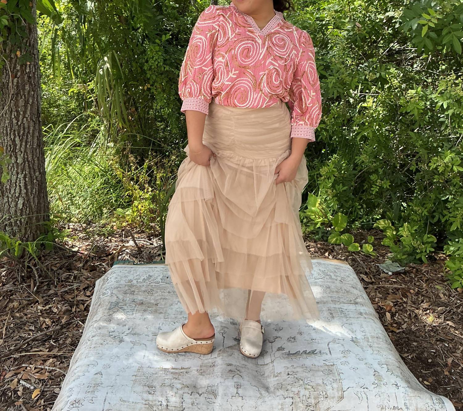 Listicle - Women's Cinched & Tiered High Waist Tulle Maxi Skirt