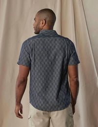 The Normal Brand Short Sleeve Button Up Shirt in summer navy check - men's shirt - detail view