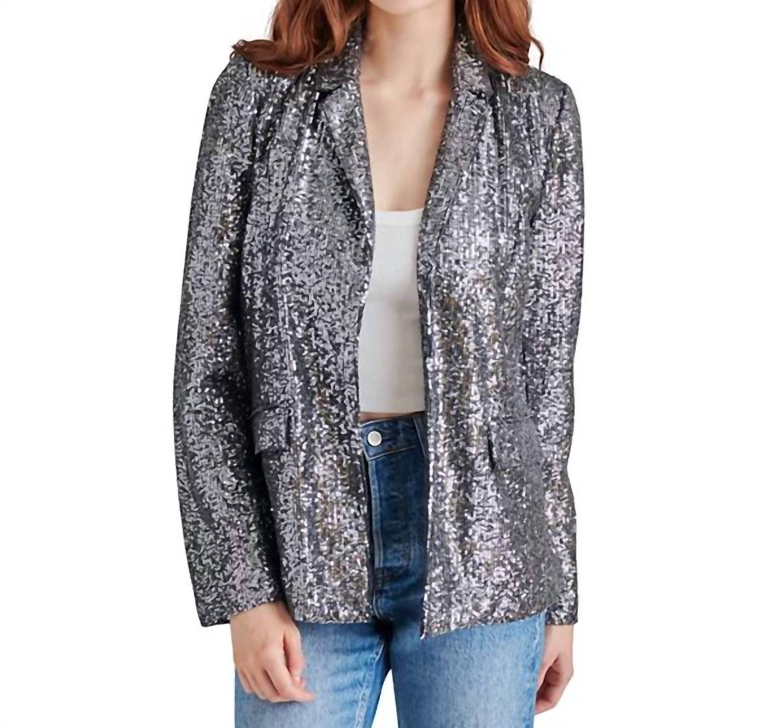 STEVE MADDEN Payton Sequined Boyfriend Blazer in silver - women's jacket