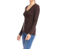 Karen Kane Long Sleeve Ribbed V-Neck Top in brown - women's long sleeve top - alternate view