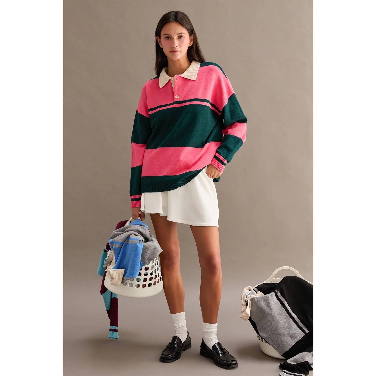 Hyfve - Contrasting Striped Sweater With Polo Collar