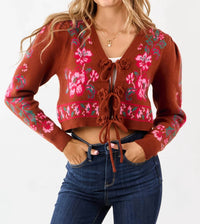 &Merci - Floral Knit Tie-front Cropped Sweater Cardigan