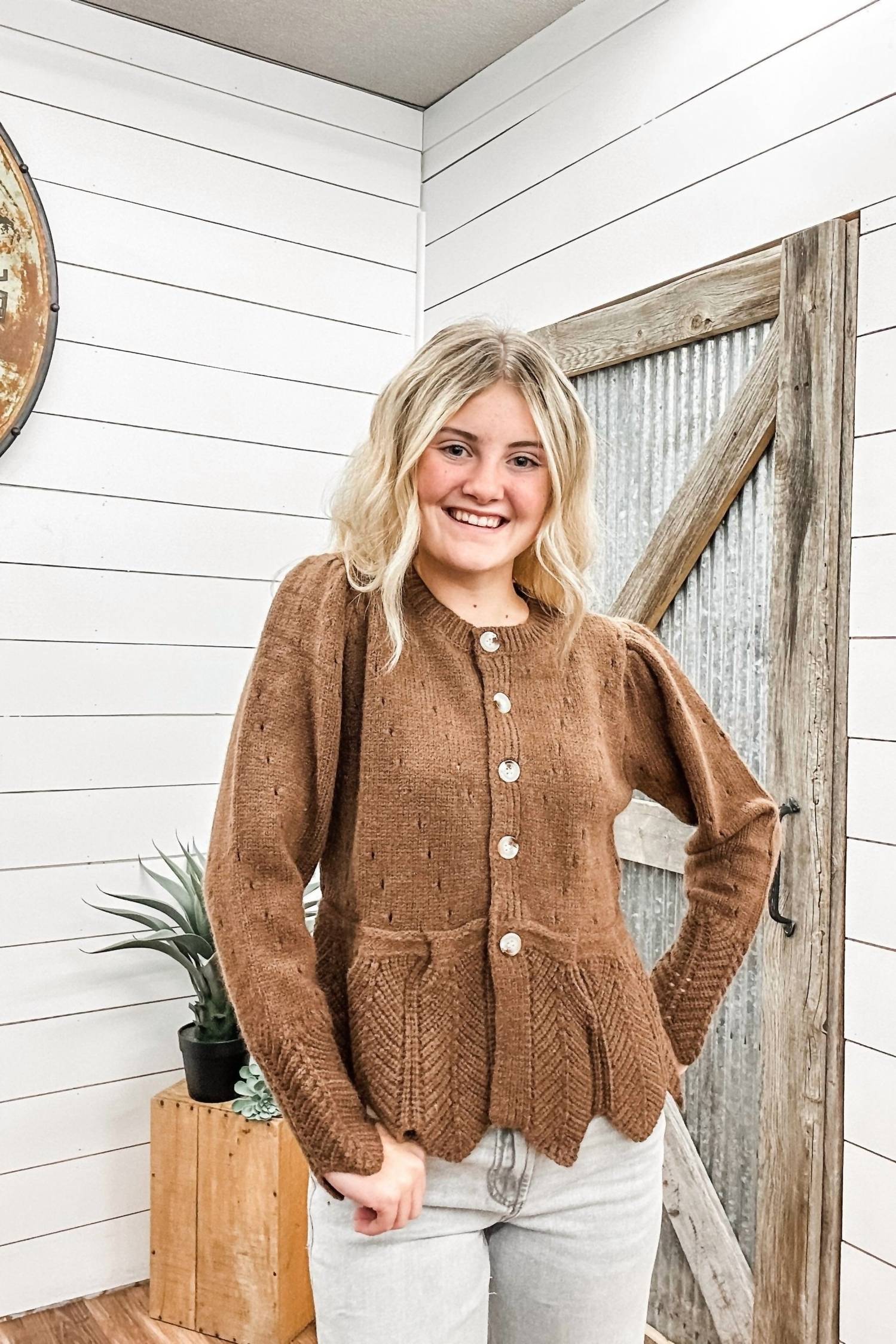 STORIA Daisy Peplum Cardigan Top in brown - women's cardigan