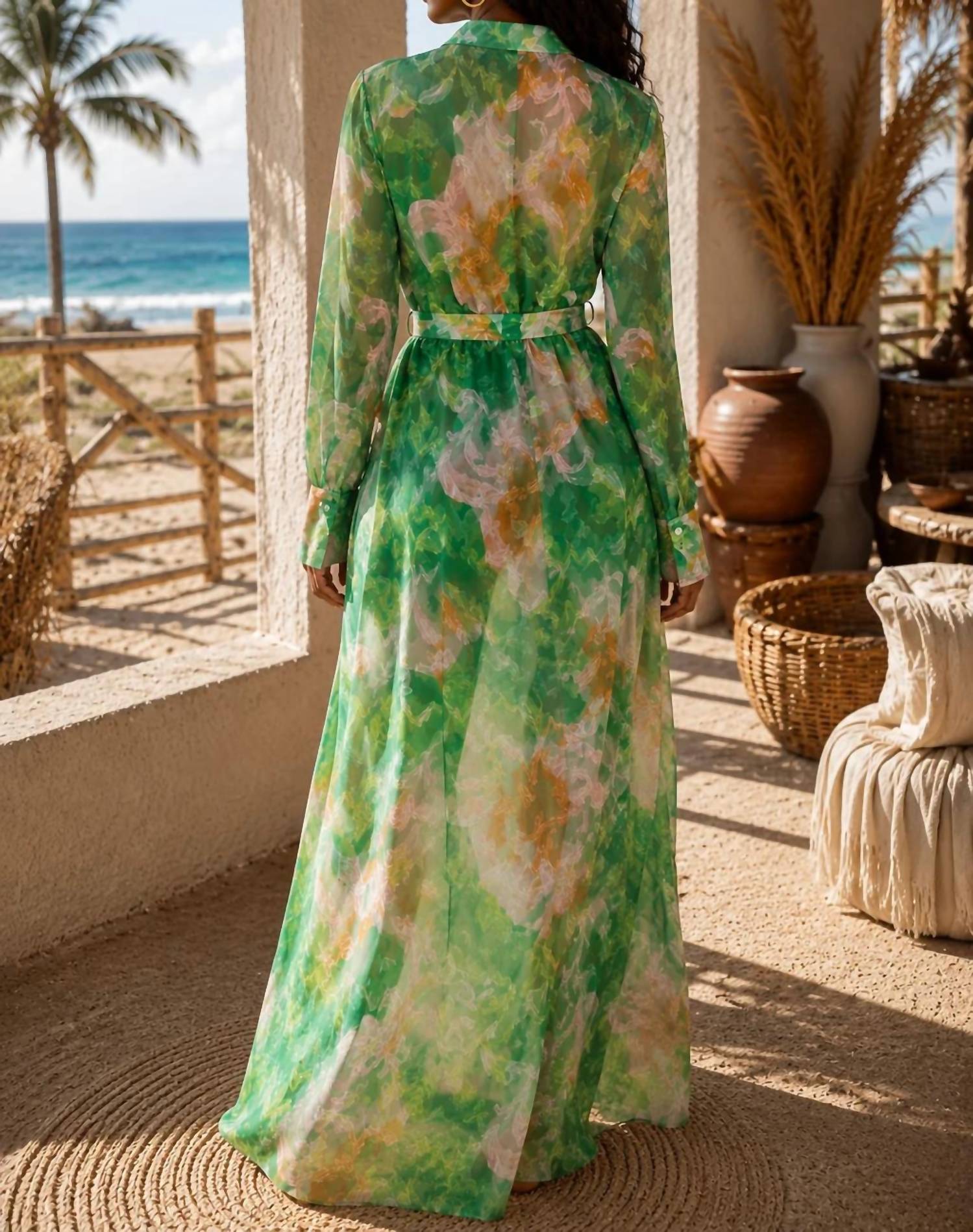 Surelymine - Sheer Floral Print Long Sleeve Wrap Maxi Dress