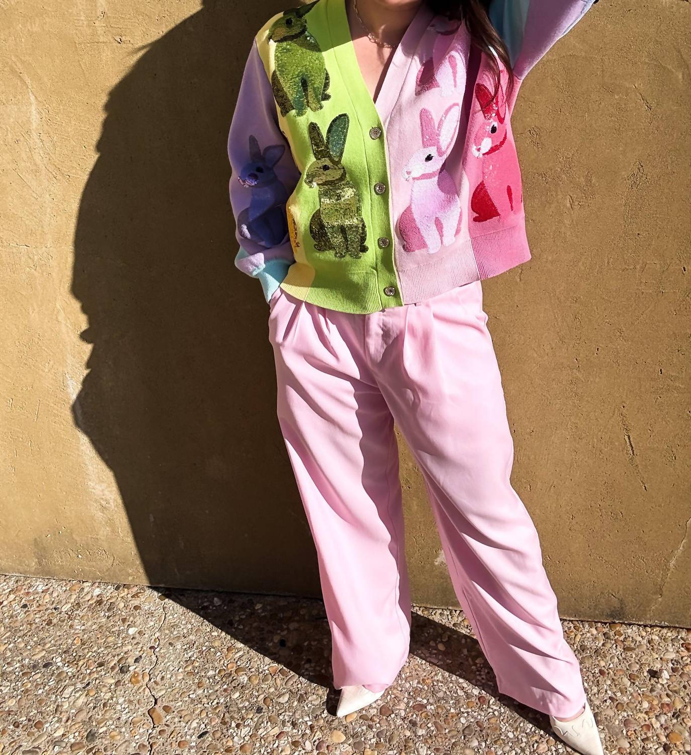 Queen Of Sparkles - Rainbow Colorblock Easter Bunny Cardigan